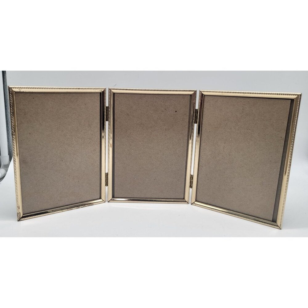 VTG Triple 4.5" x 6.5" Gold Metal Foil Decorative Standing Tri-Fold Frame Scroll